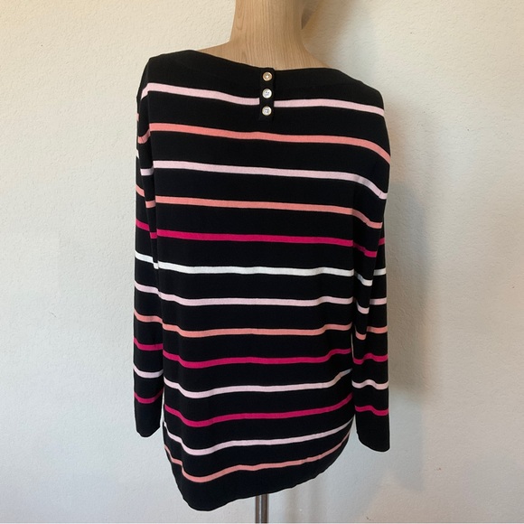 Talbots NWOT Striped Boat Neck Cotton Sweater Black Pink Button Back Detail XLP - Picture 10 of 16